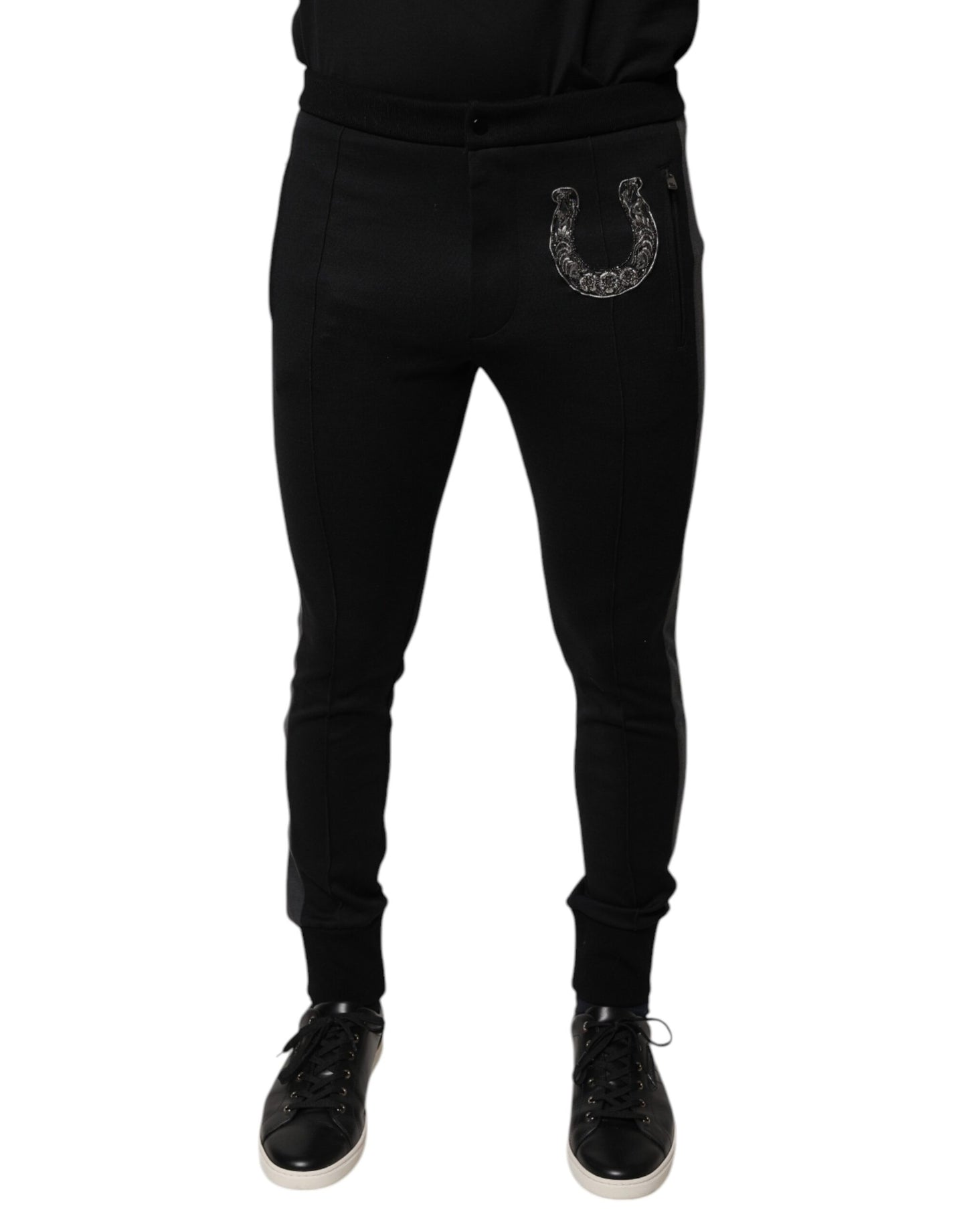 Pantaloni slim fit din lână cu imprimeu de potcoavă neagră Dolce & Gabbana