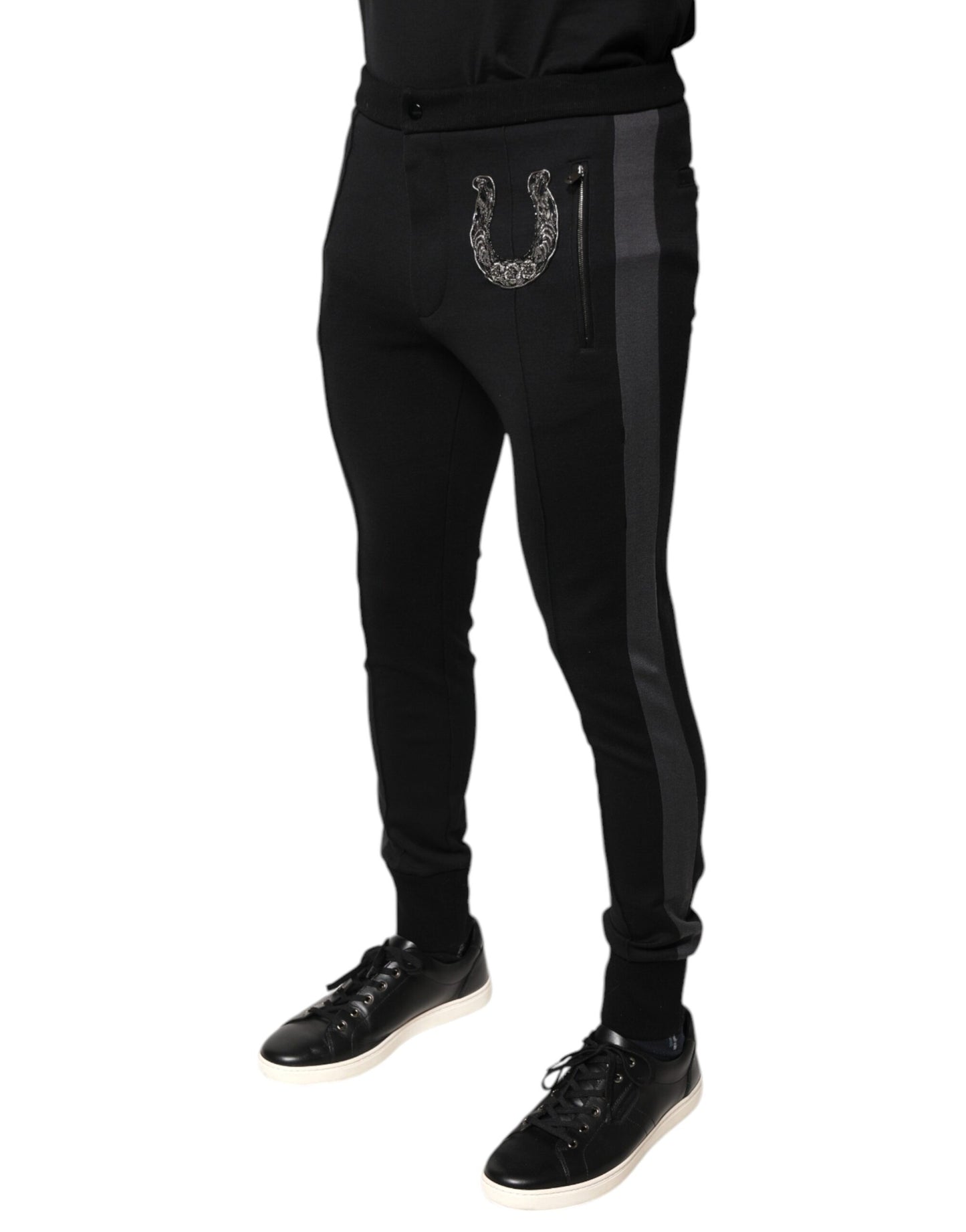 Pantaloni slim fit din lână cu imprimeu de potcoavă neagră Dolce & Gabbana