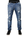 Dolce & Gabbana Blue Cotton Stretch Tattered Skinny Denim Jeans