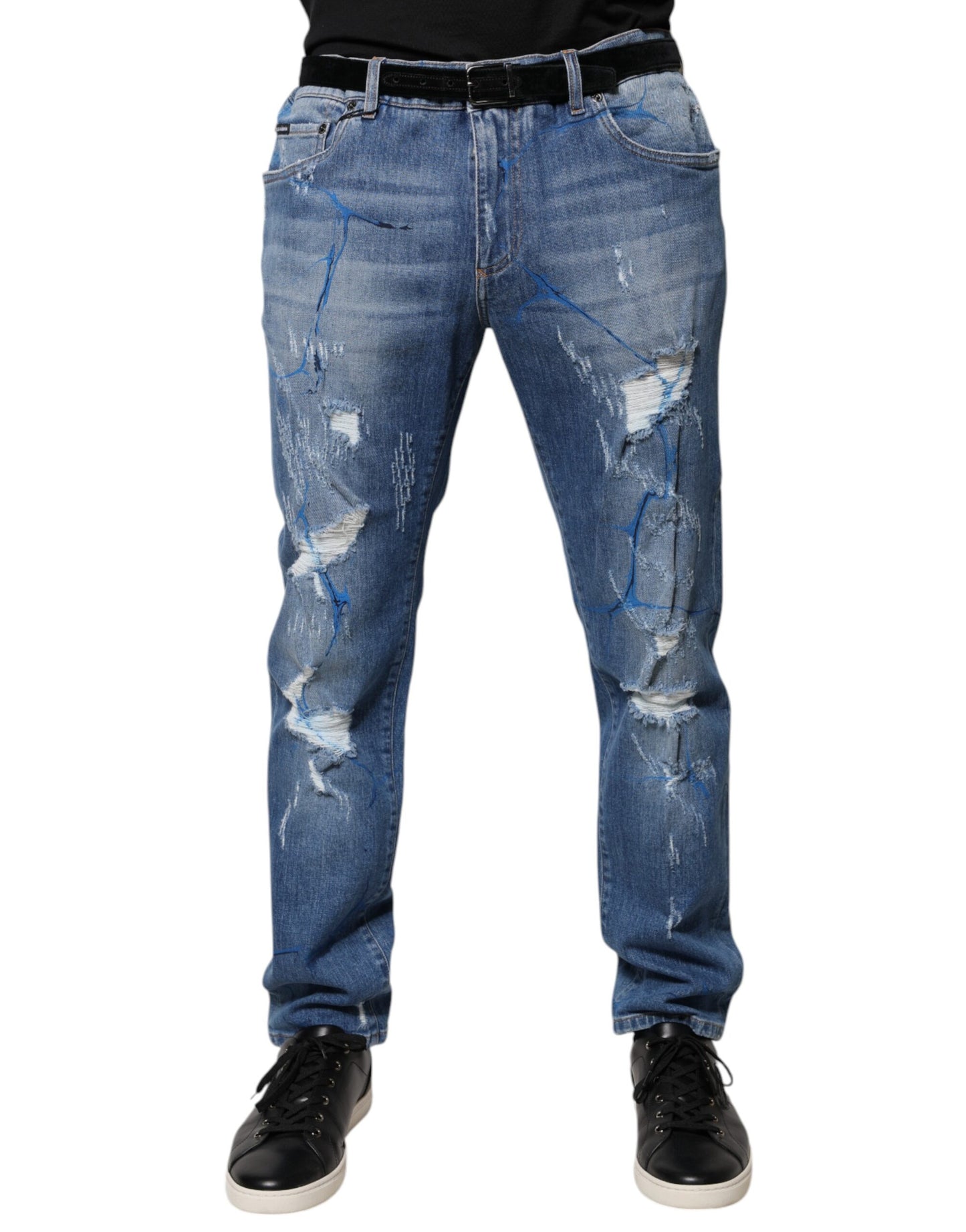 Blugi skinny Dolce & Gabbana din denim albastru, elastici, cu imprimeu zdrențuit