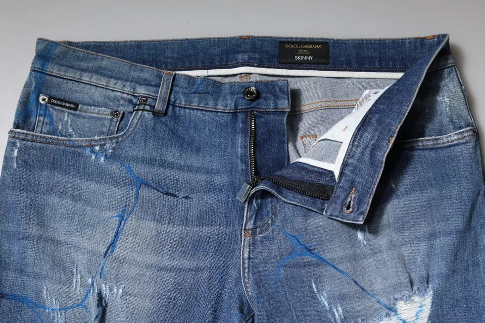 Blugi skinny Dolce & Gabbana din denim albastru, elastici, cu imprimeu zdrențuit