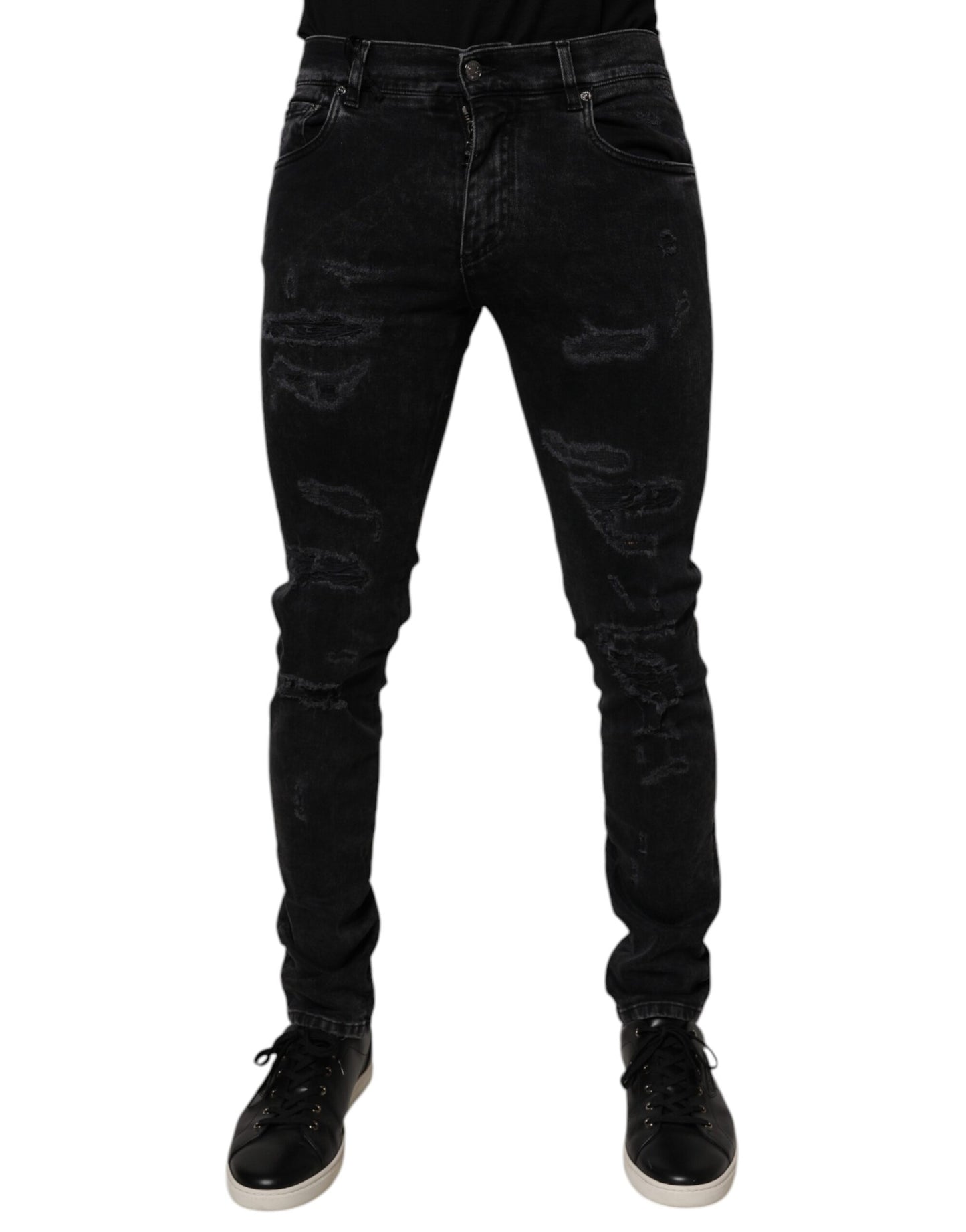 Blugi skinny Dolce & Gabbana negri din bumbac zdrențuit pentru bărbați