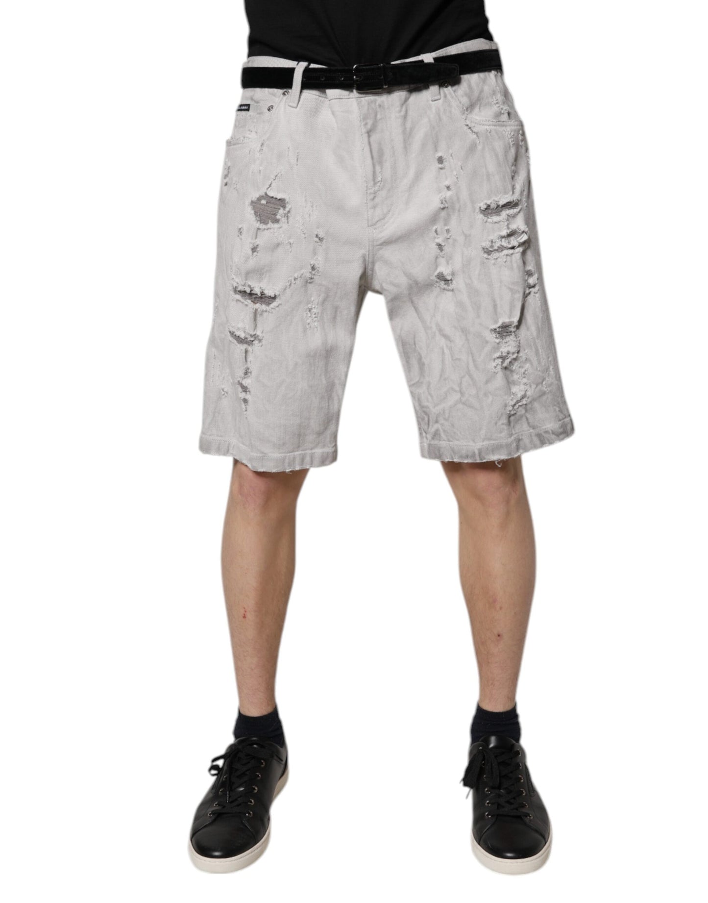 Pantaloni scurți Dolce & Gabbana Gri deschis, model Bermuda, din denim, pentru bărbați, model Tattered