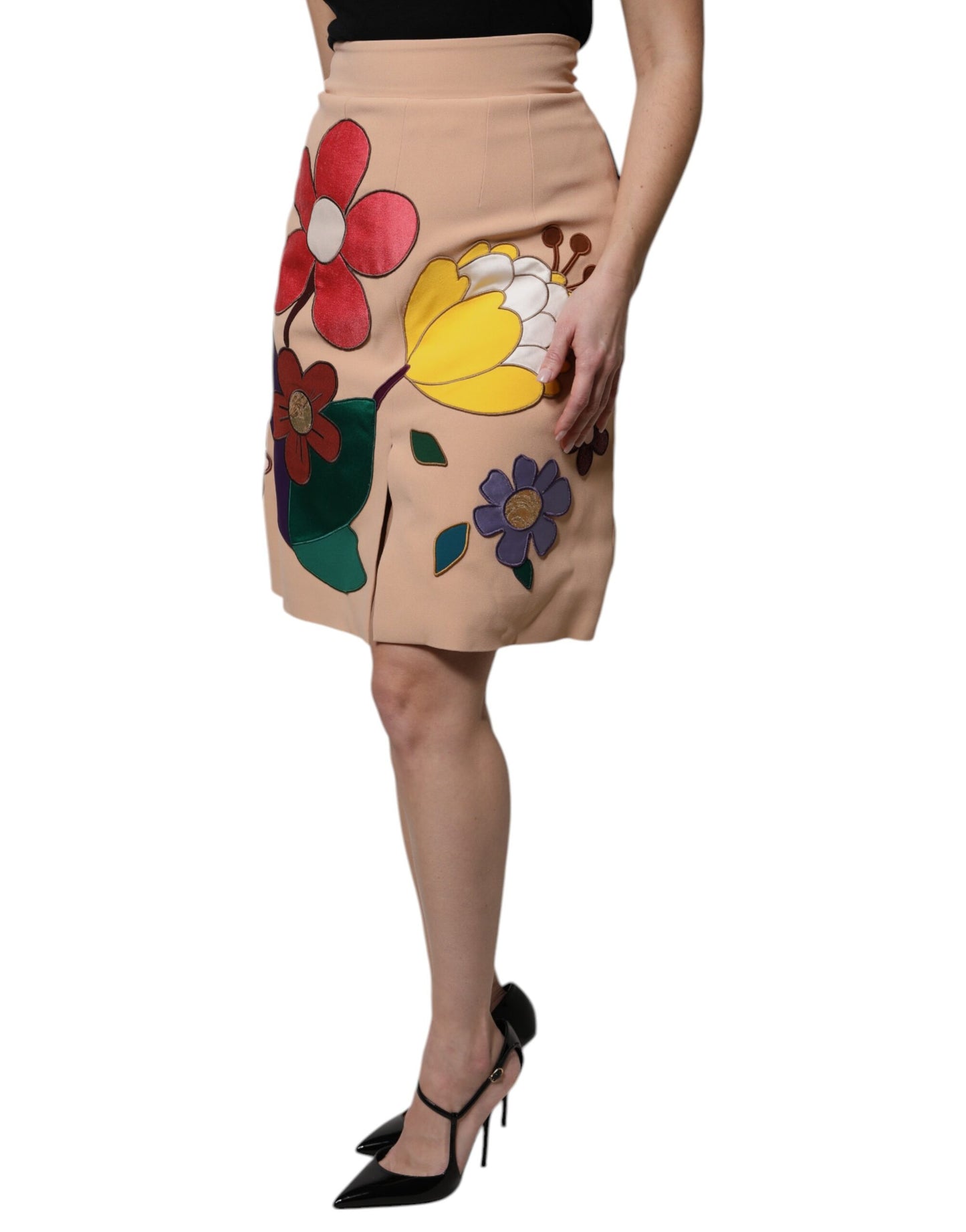 Fustă creion cu talie înaltă și imprimeu floral bej Dolce & Gabbana