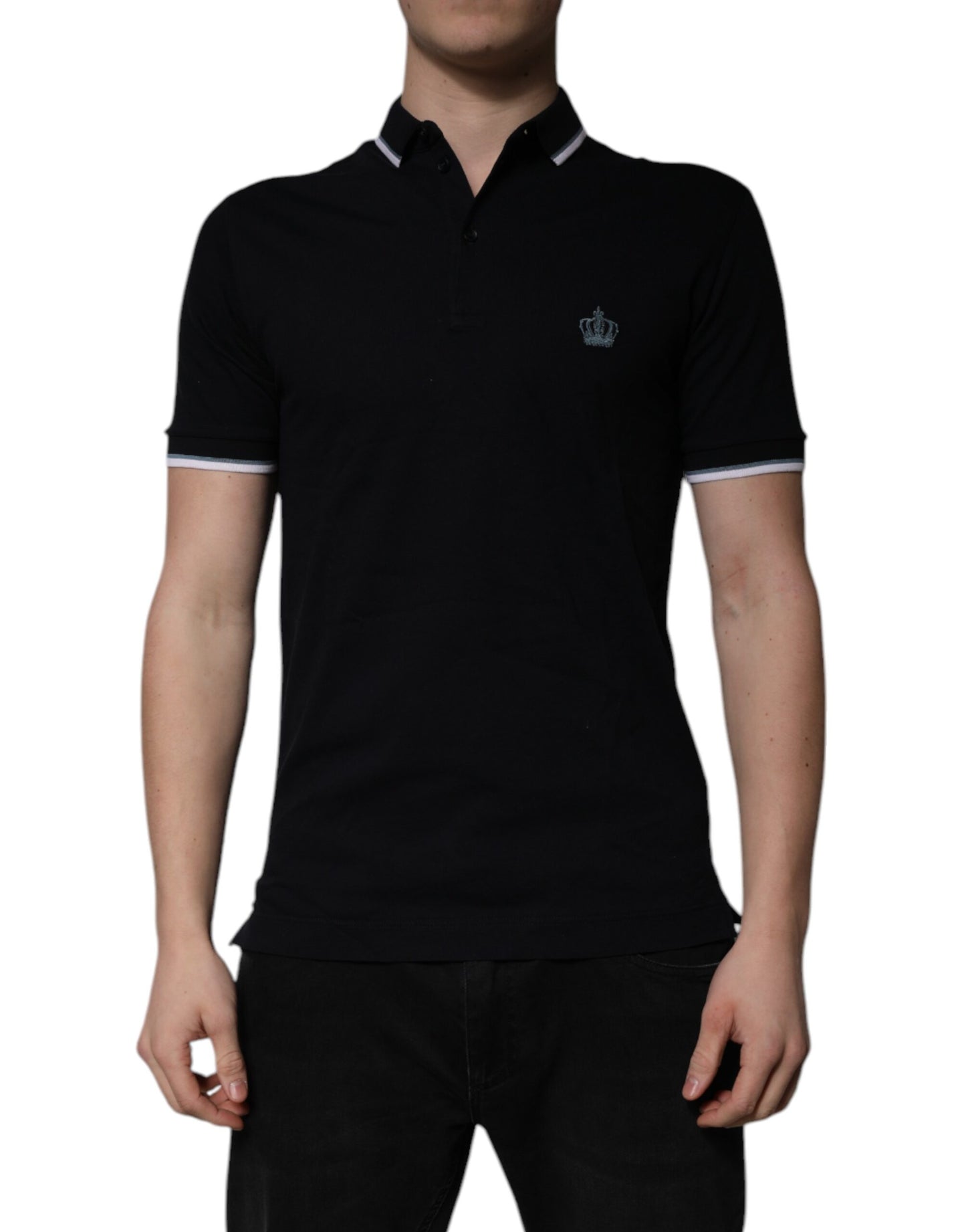 Tricou polo Dolce & Gabbana negru din bumbac cu guler crown