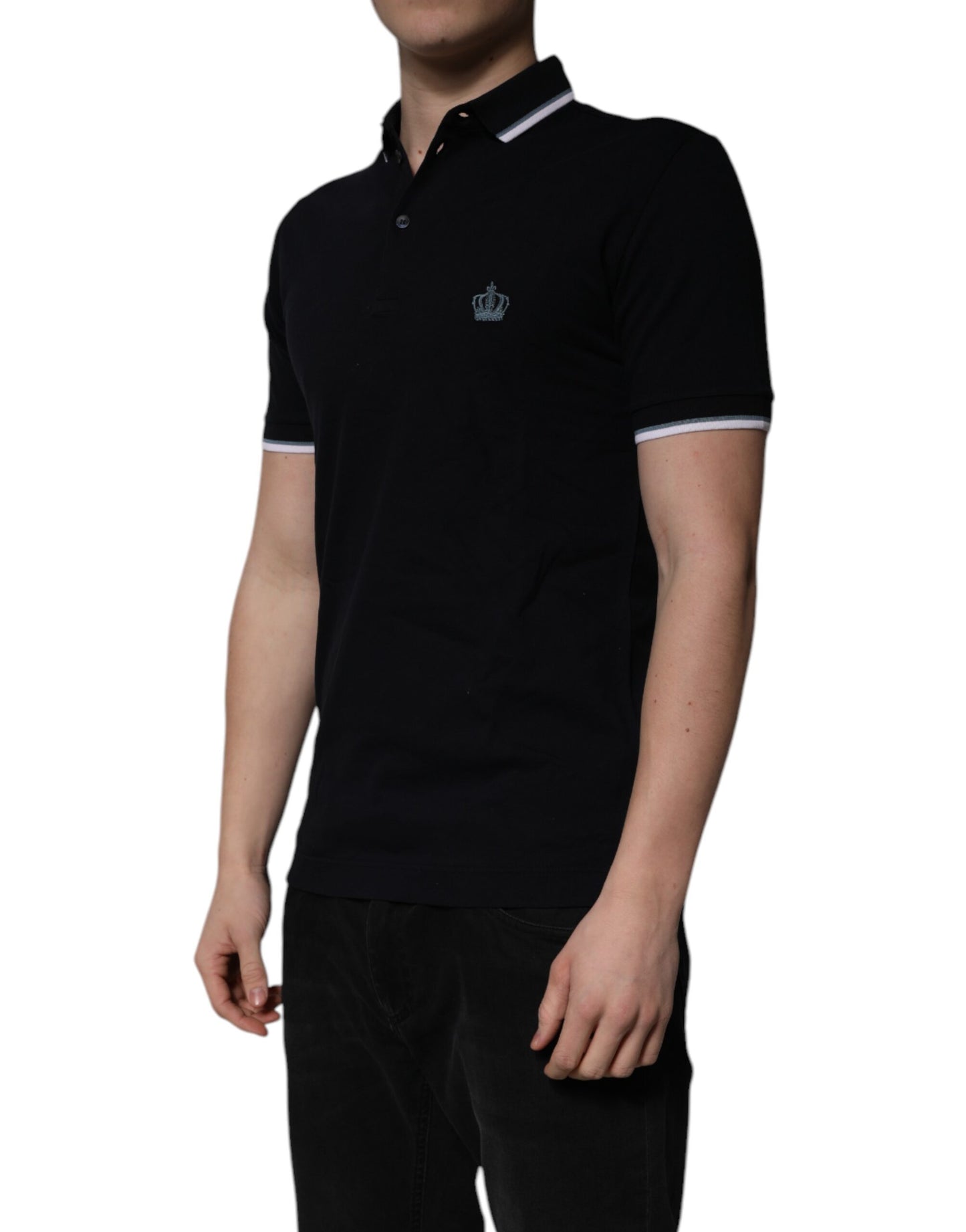 Tricou polo Dolce & Gabbana negru din bumbac cu guler crown