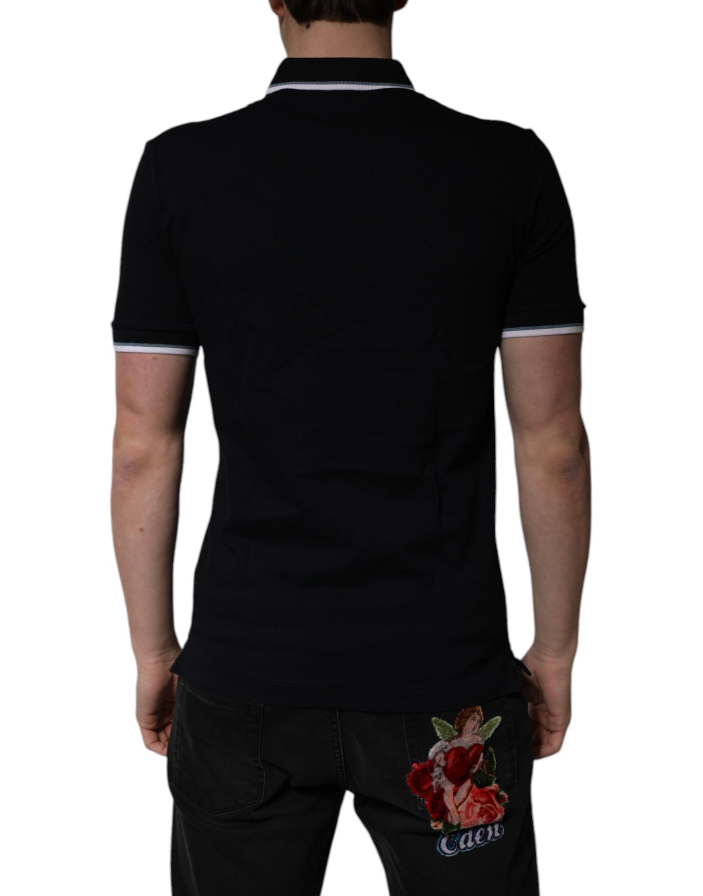 Tricou polo Dolce & Gabbana negru din bumbac cu guler crown