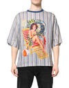 Tricou Dolce & Gabbana cu guler rotund și dungi multicolore din in cu imprimeu Pin Up