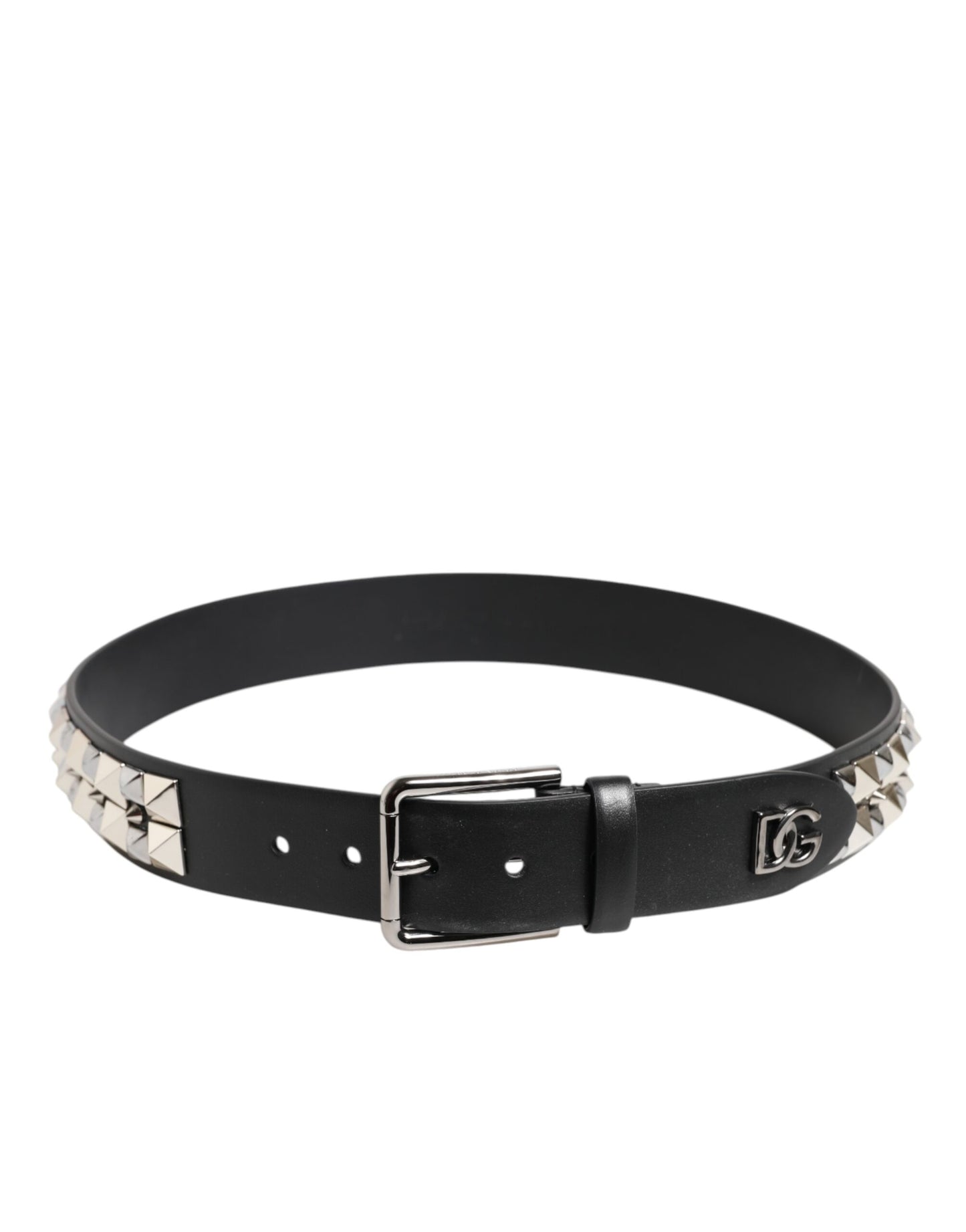Dolce & Gabbana Black Calf Leather Studded Silver Buckle Belt