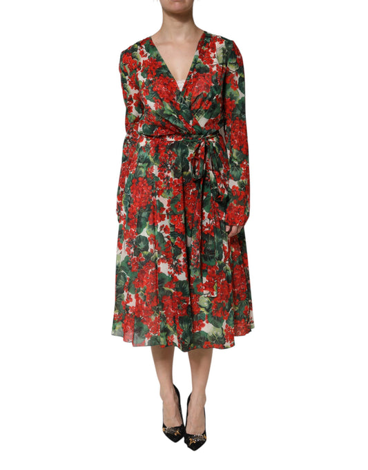 Dolce & Gabbana Multicolor Floral Long Sleeves V-neck Dress