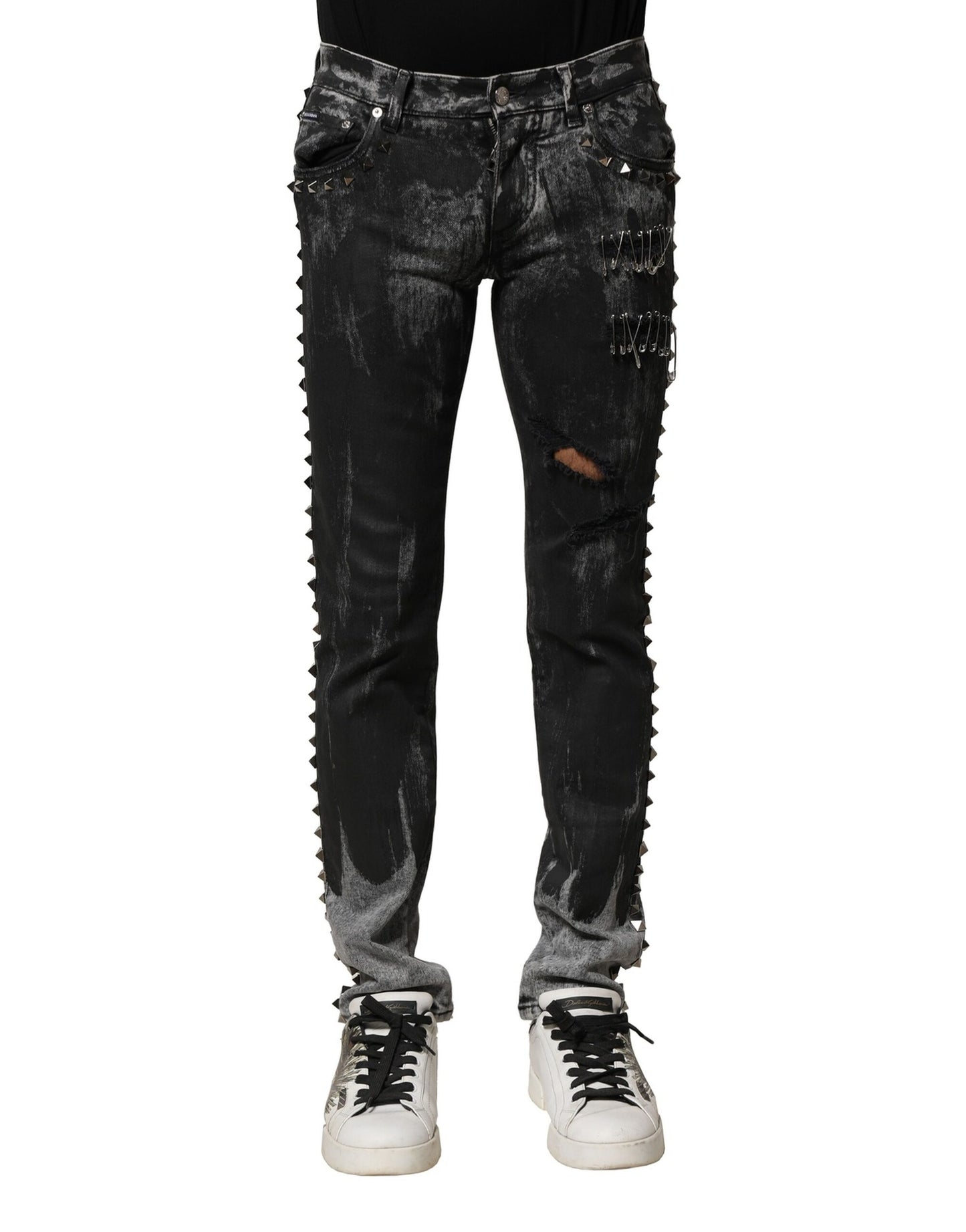 Blugi skinny Dolce & Gabbana negri spălați cu ornament