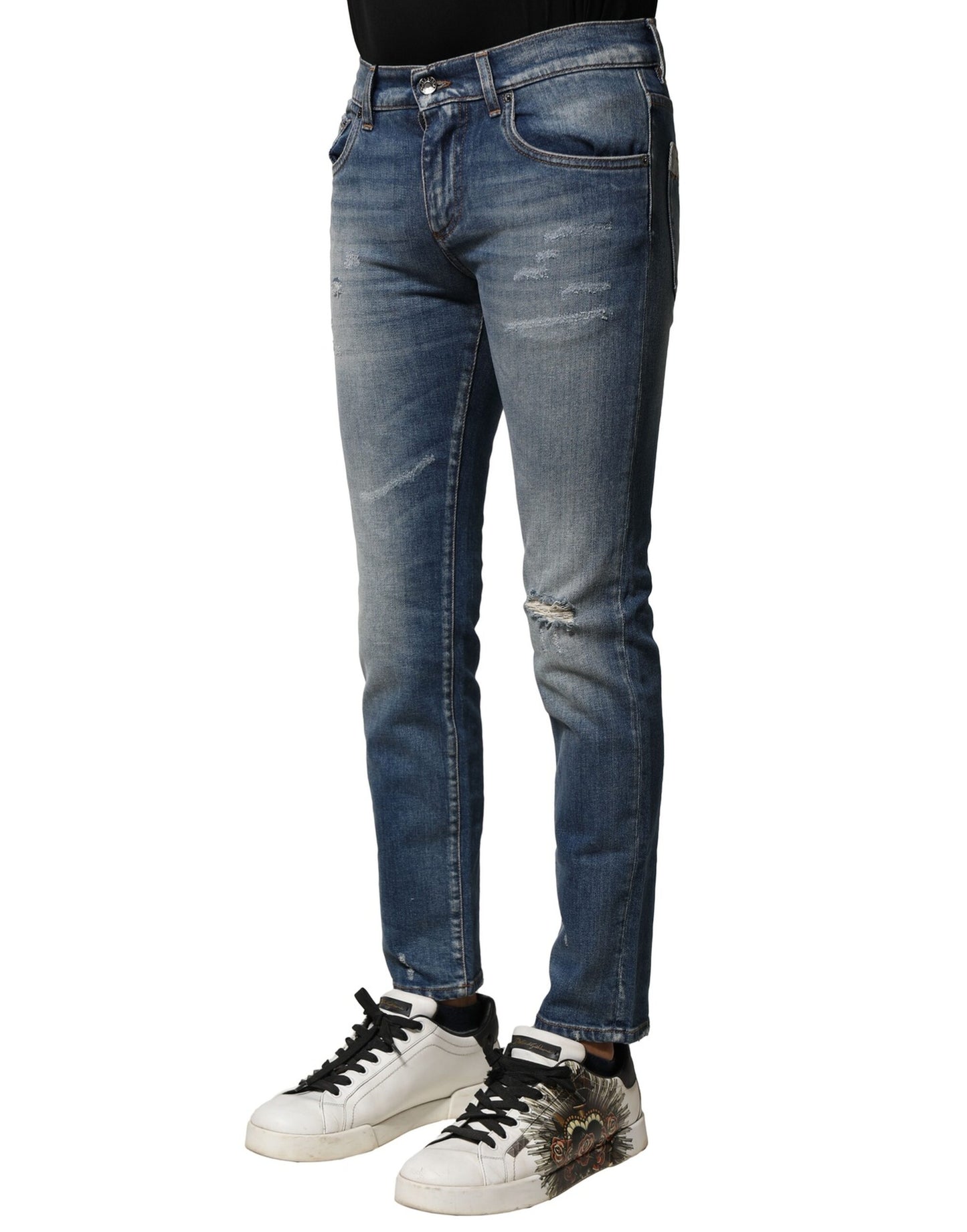 Blugi Dolce & Gabbana albaștri din bumbac spălat, croială slim fit pentru bărbați