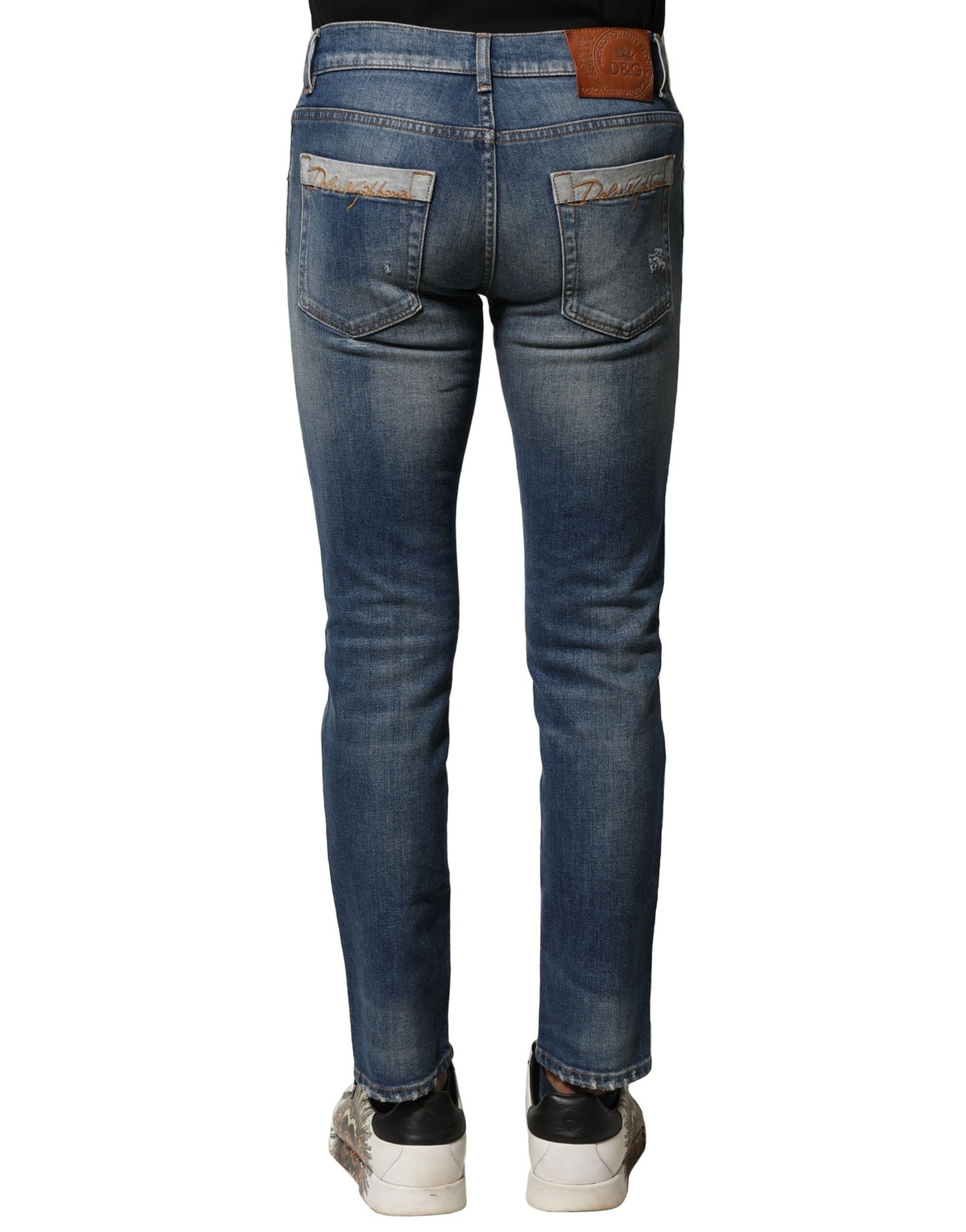 Blugi Dolce & Gabbana albaștri din bumbac spălat, croială slim fit pentru bărbați