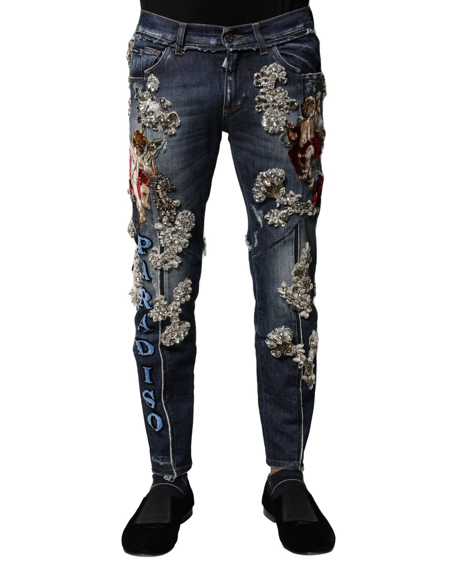 Blugi Dolce & Gabbana albaștri din bumbac cu strasuri