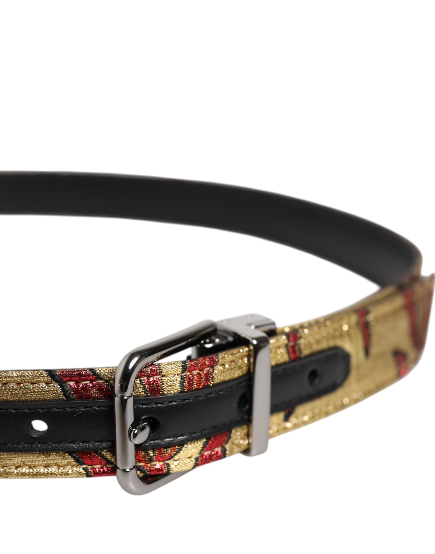 Curea Dolce & Gabbana cu cataramă metalică argintie și imprimeu floral auriu din jacquard