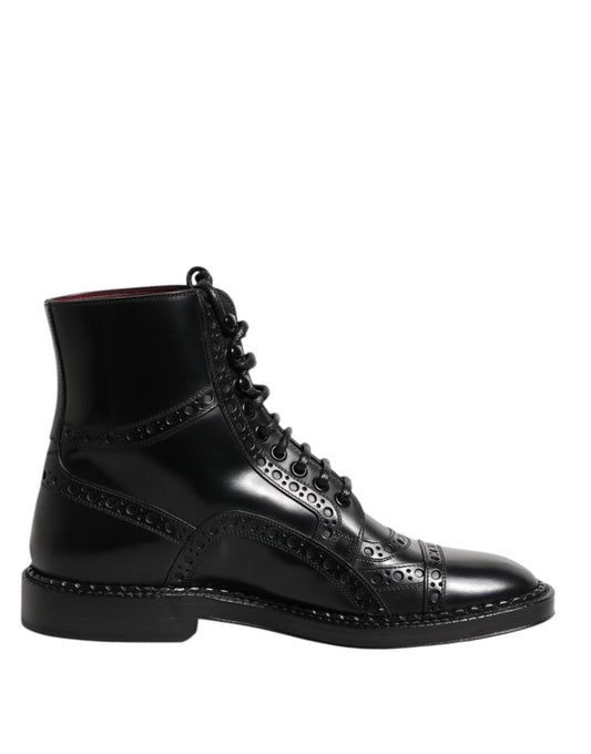 Dolce & Gabbana Black Leather Lace Up Mid Calf Boots Shoes