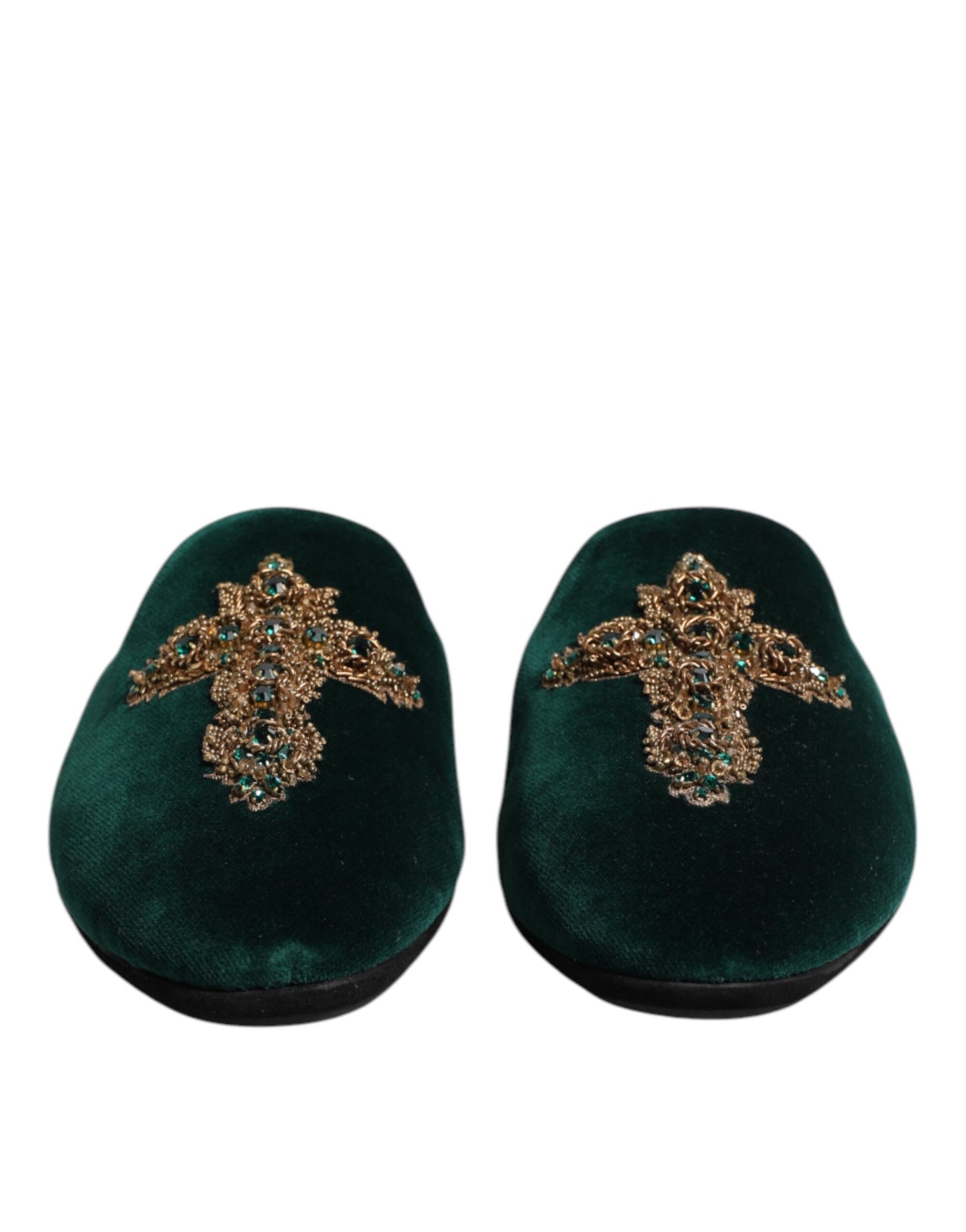 Papuci Dolce & Gabbana din catifea verde cu cruce