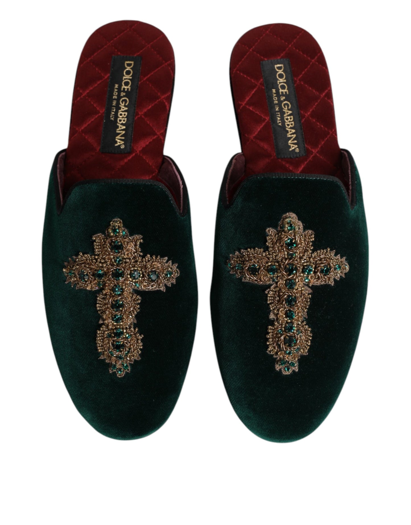 Papuci Dolce & Gabbana din catifea verde cu cruce