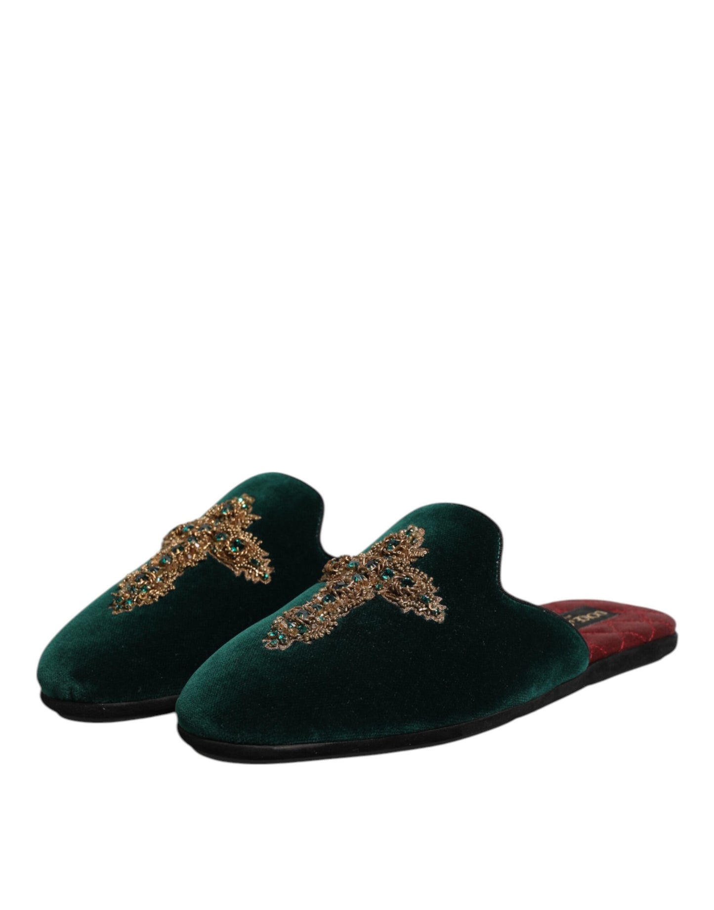 Papuci Dolce & Gabbana din catifea verde cu cruce