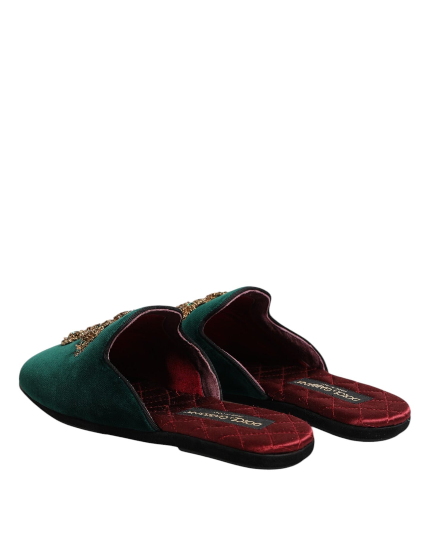 Papuci Dolce & Gabbana din catifea verde cu cruce