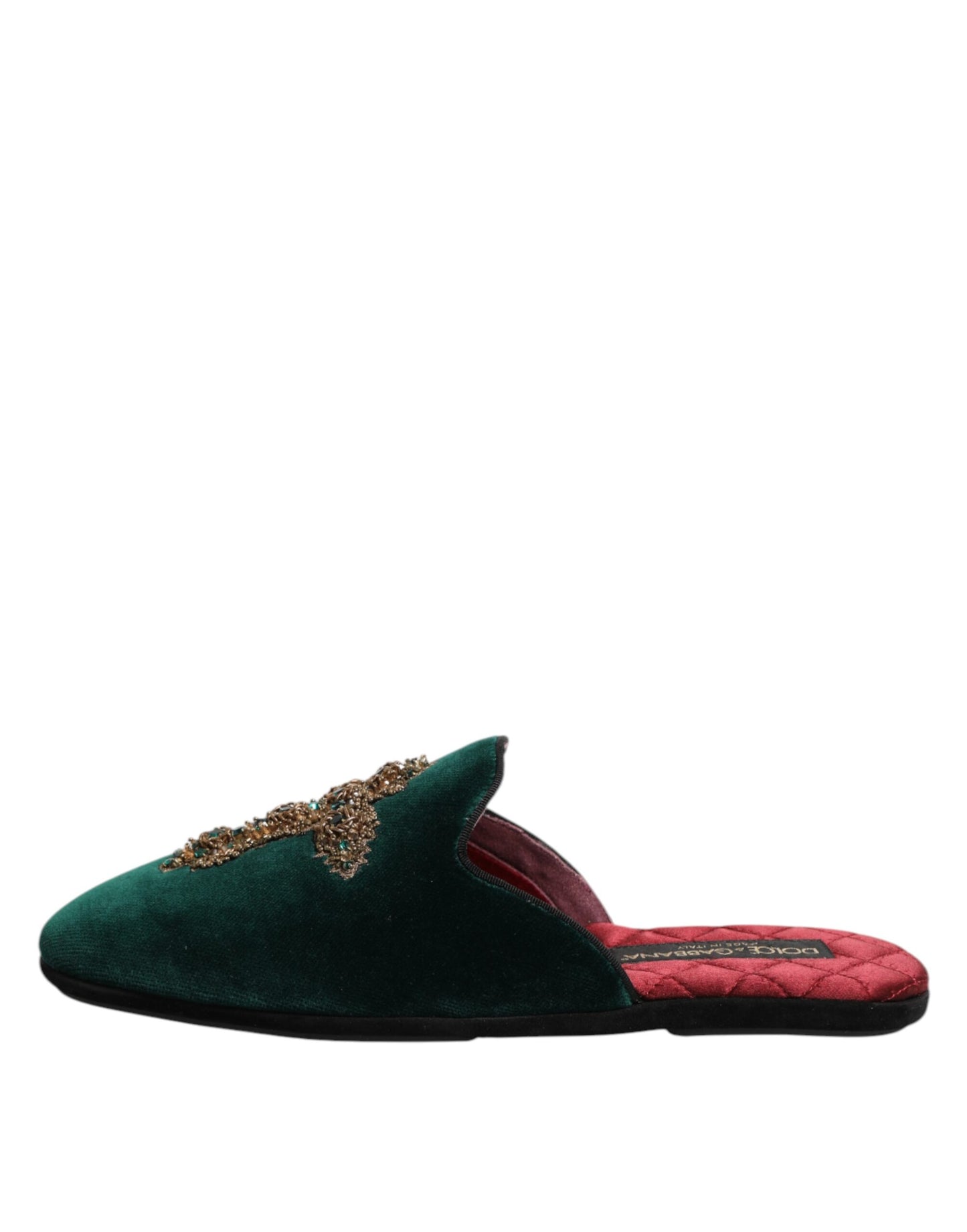 Papuci Dolce & Gabbana din catifea verde cu cruce