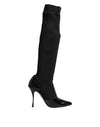 Dolce & Gabbana Black Leather Ribbed Knit Knee Boots Shoes