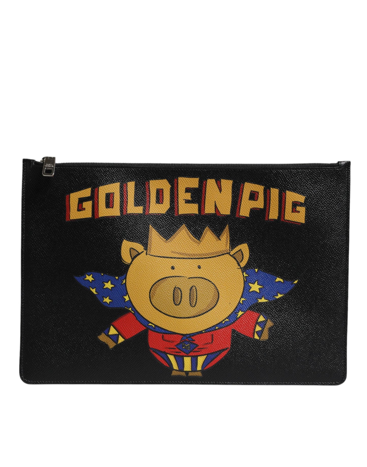 Dolce & Gabbana Black Leather Golden Pig Print Men Clutch Pouch Borse Bag