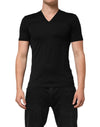 Dolce & Gabbana Black Cotton Plain V-Neck Men Shirt T-shirt