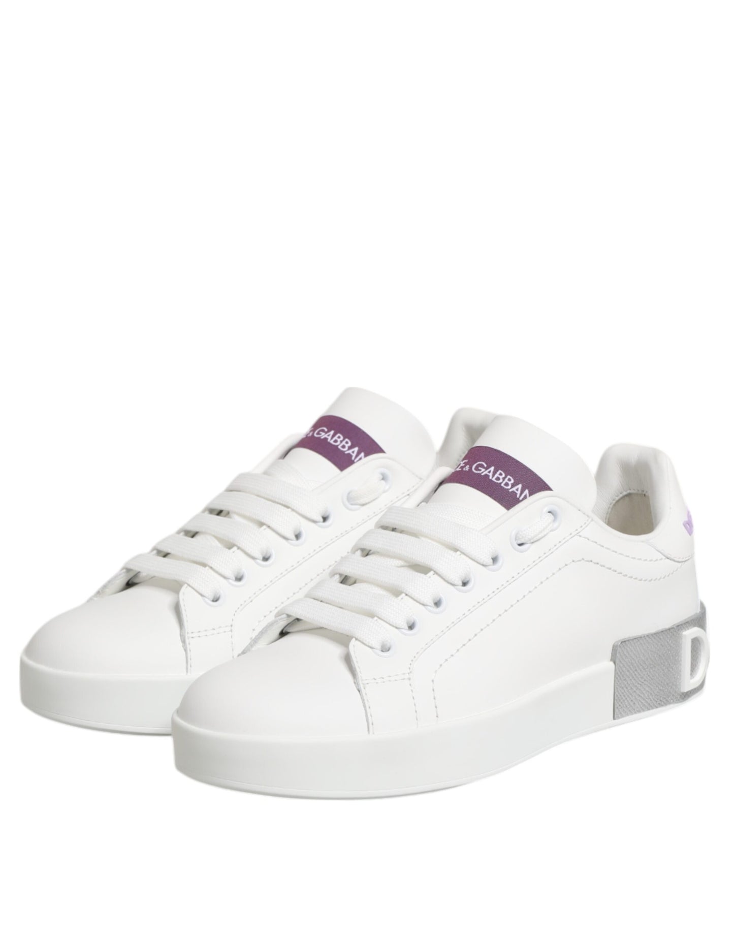 Dolce & Gabbana White Purple Leather Low Top Sneakers Shoes