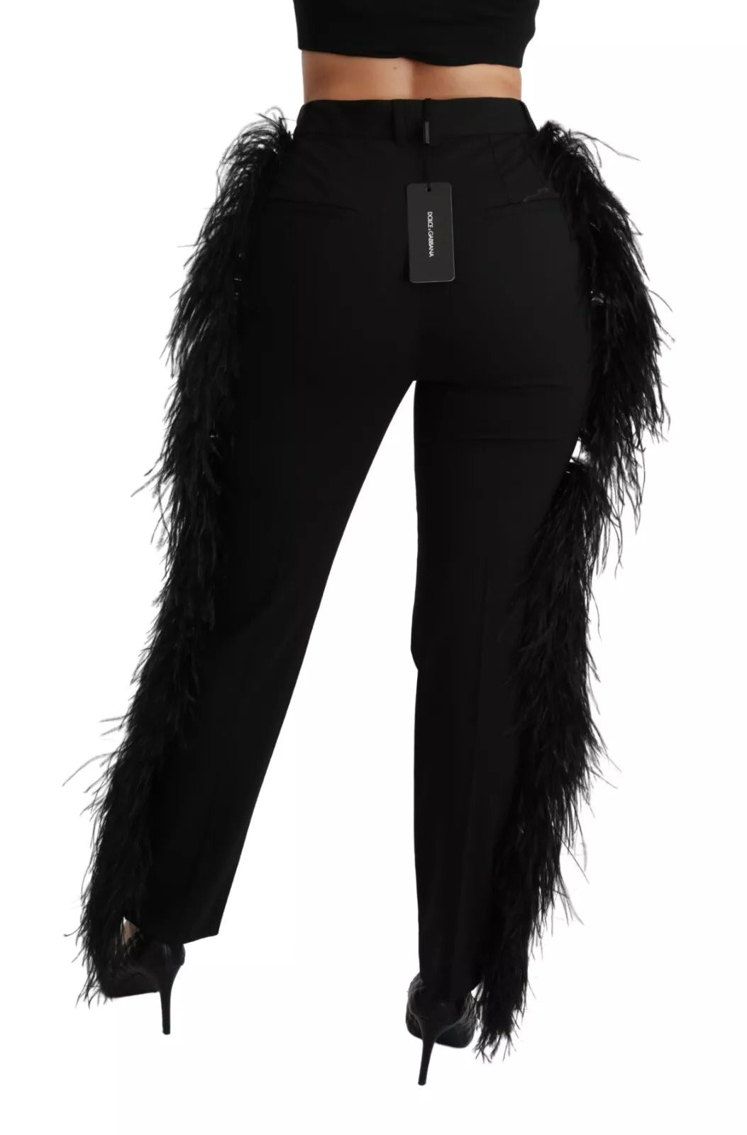 Dolce & Gabbana Black Feather Straight High Waist Pants