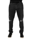 Dolce & Gabbana Black Cotton Slim Fit Distressed Ripped Logo Jeans