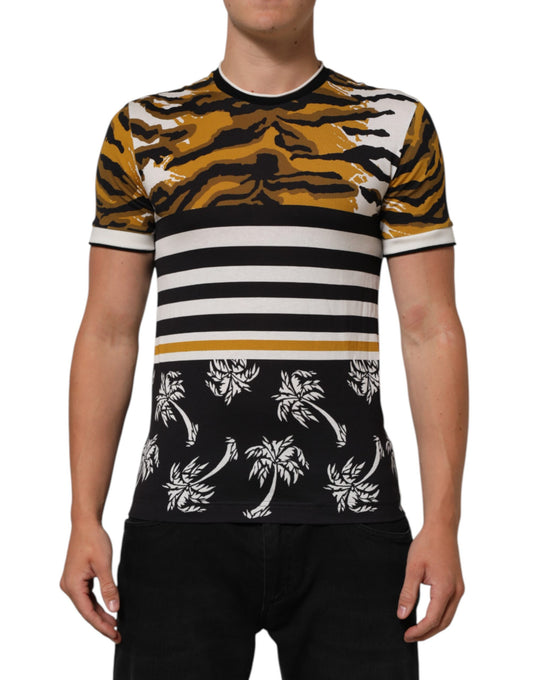 Dolce & Gabbana Multicolor Leopard Palm Leaf Men Crew Neck T-shirt