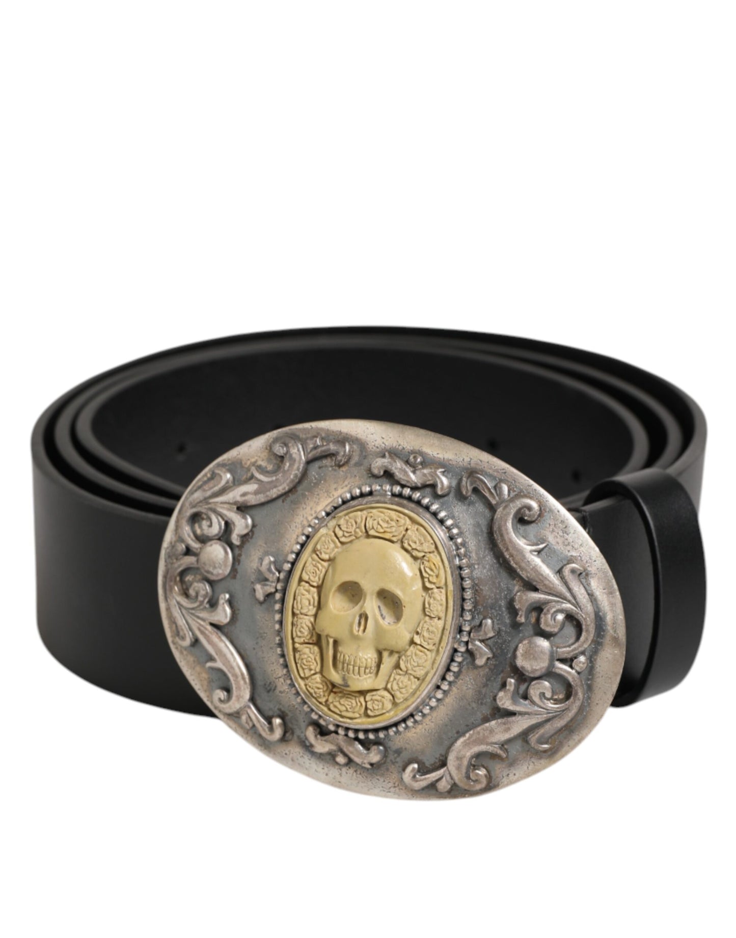 Curea Dolce & Gabbana din piele neagră cu cataramă metalică ornamentată pentru bărbați