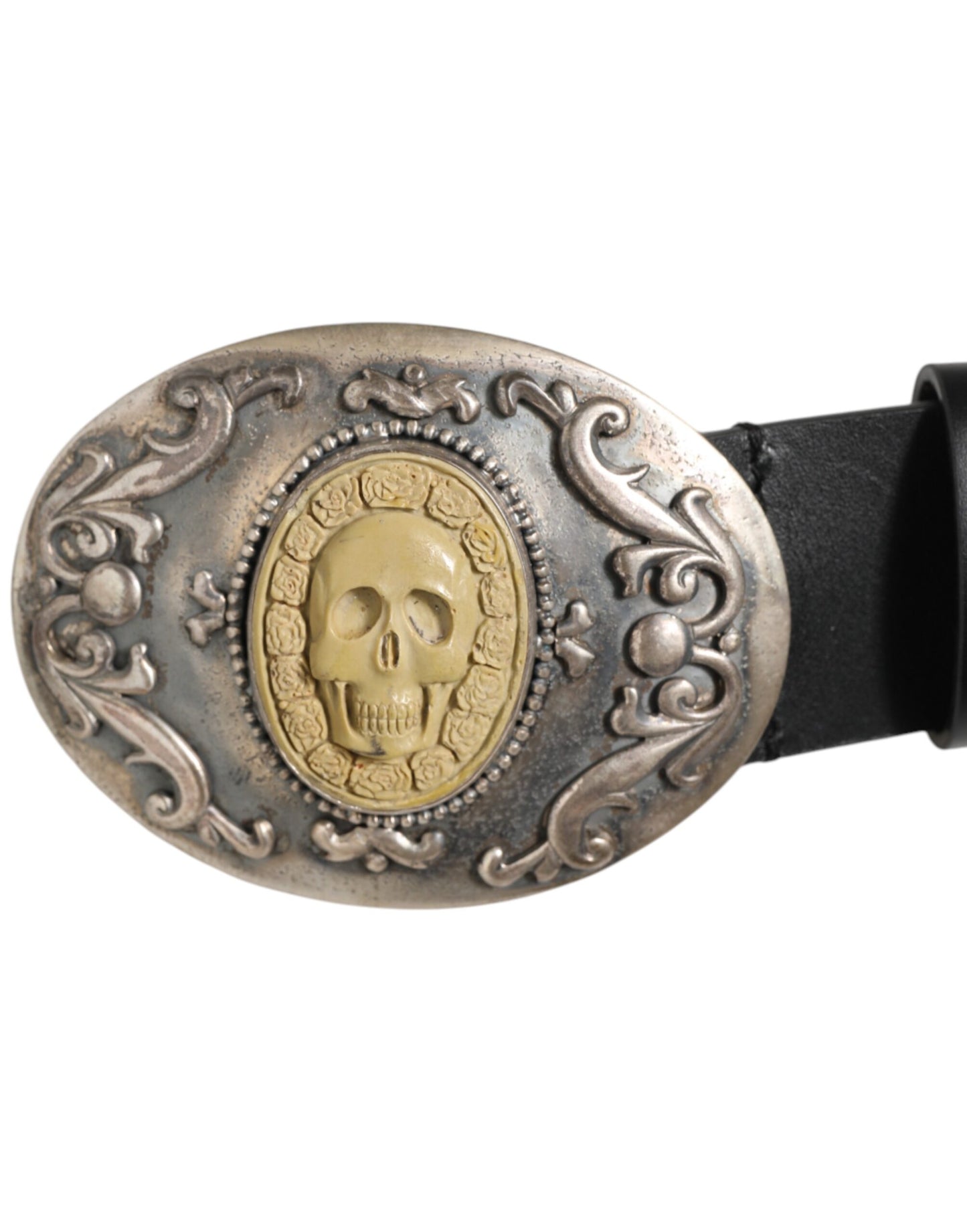 Curea Dolce & Gabbana din piele neagră cu cataramă metalică ornamentată pentru bărbați