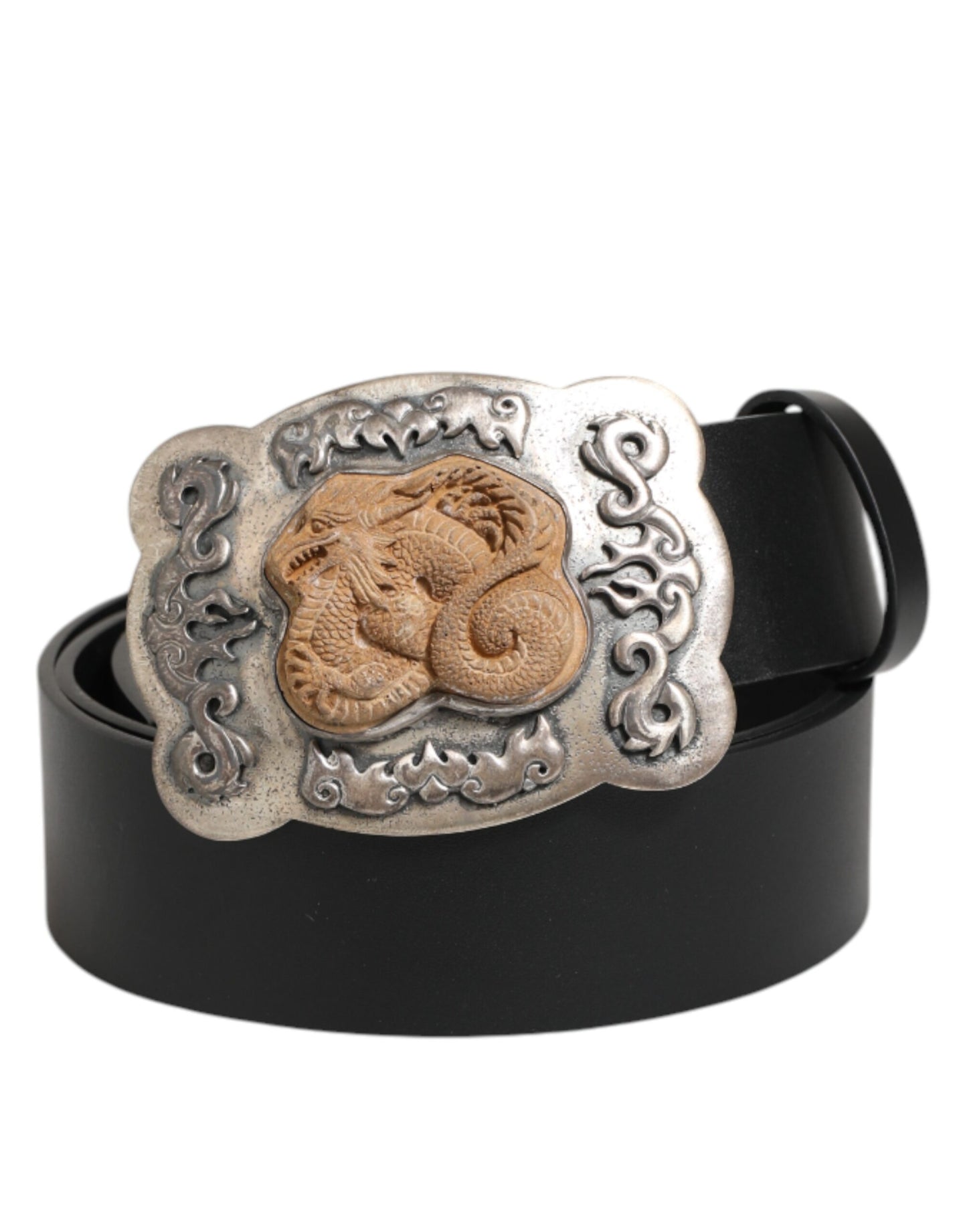 Curea Dolce & Gabbana din piele neagră cu cataramă metalică cu dragon gotic