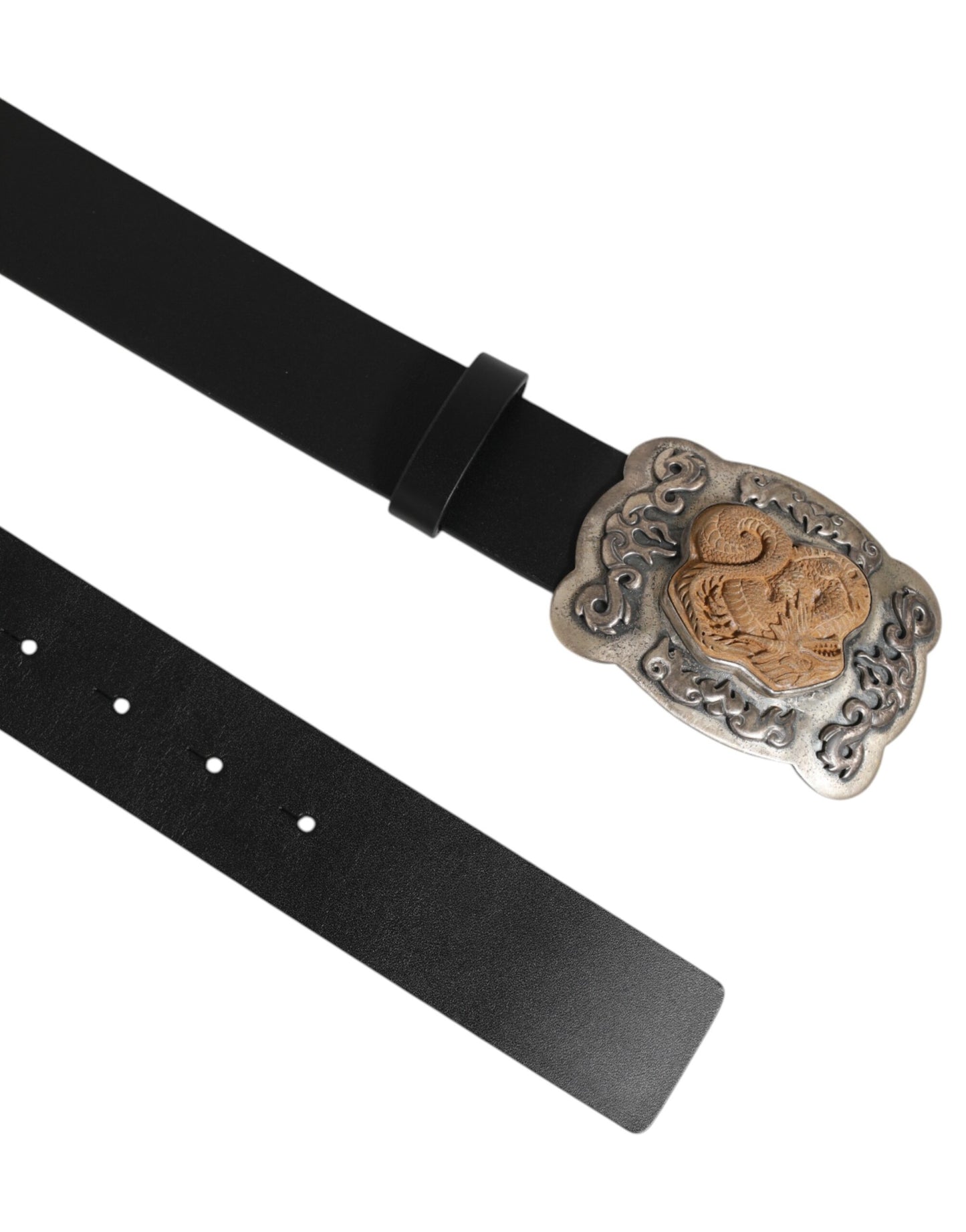 Curea Dolce & Gabbana din piele neagră cu cataramă metalică cu dragon gotic