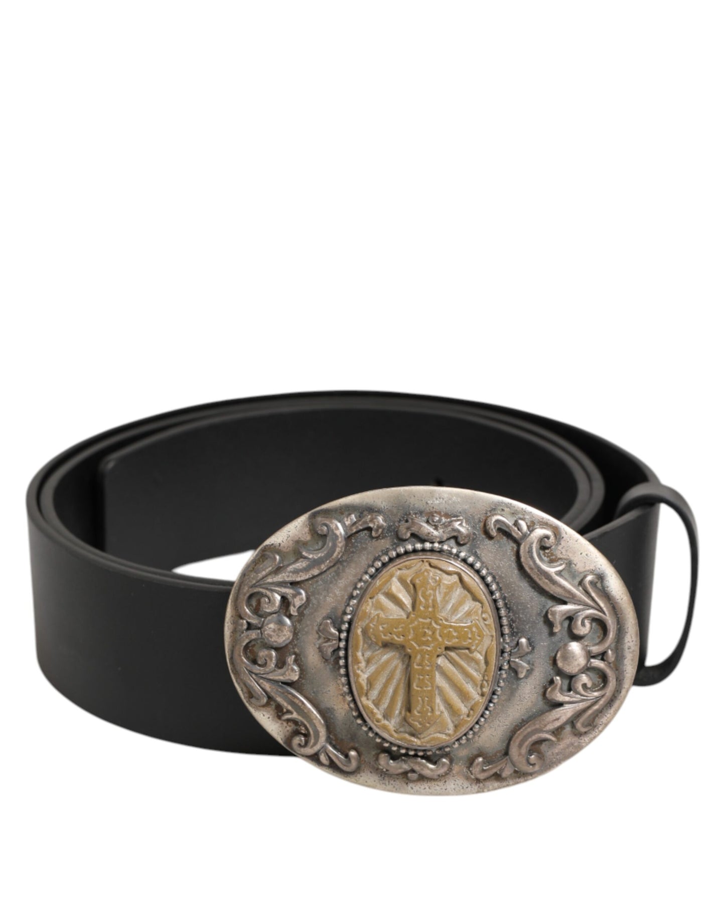 Curea Dolce & Gabbana din piele neagră cu cataramă metalică ornamentată pentru bărbați