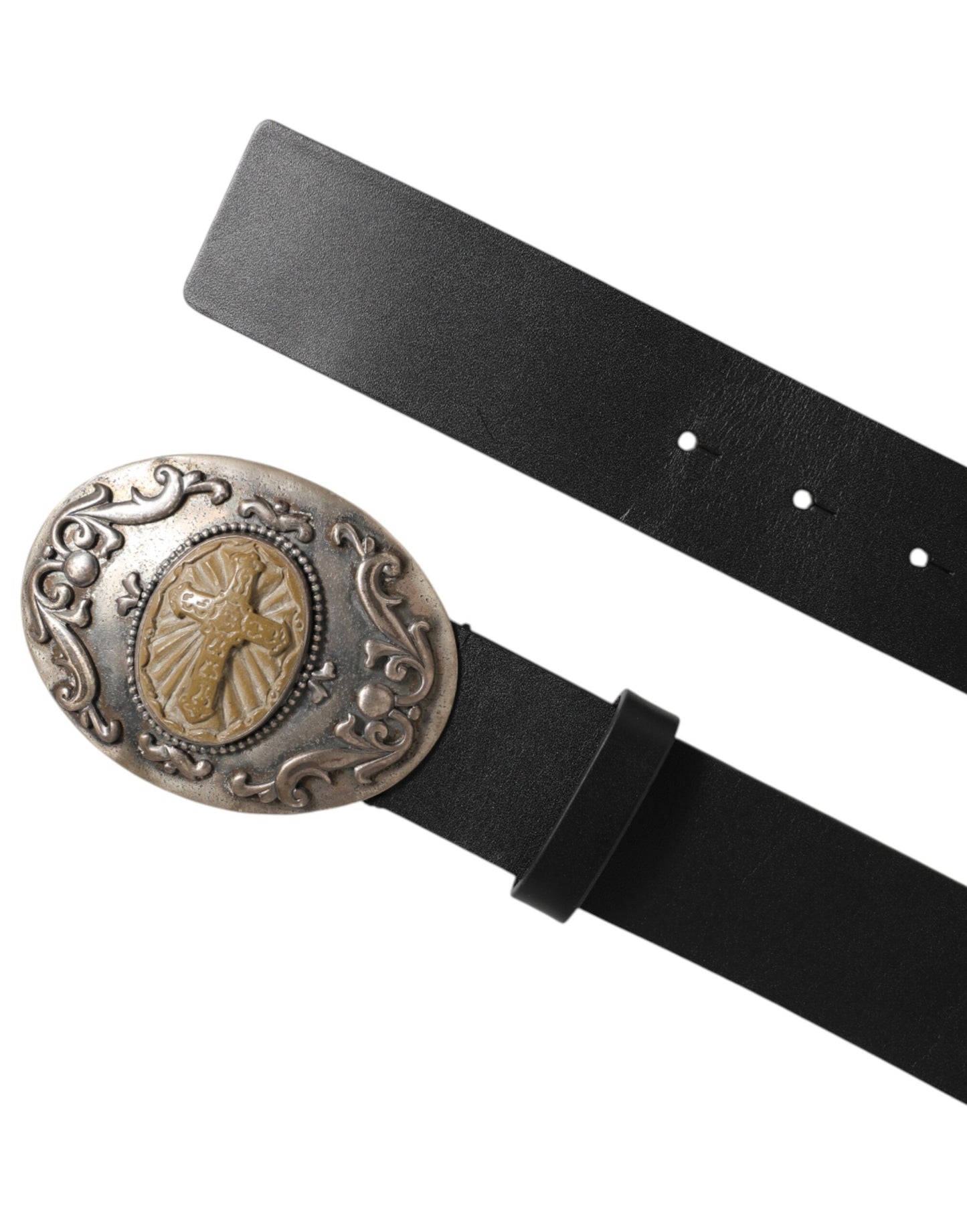 Curea Dolce & Gabbana din piele neagră cu cataramă metalică ornamentată pentru bărbați