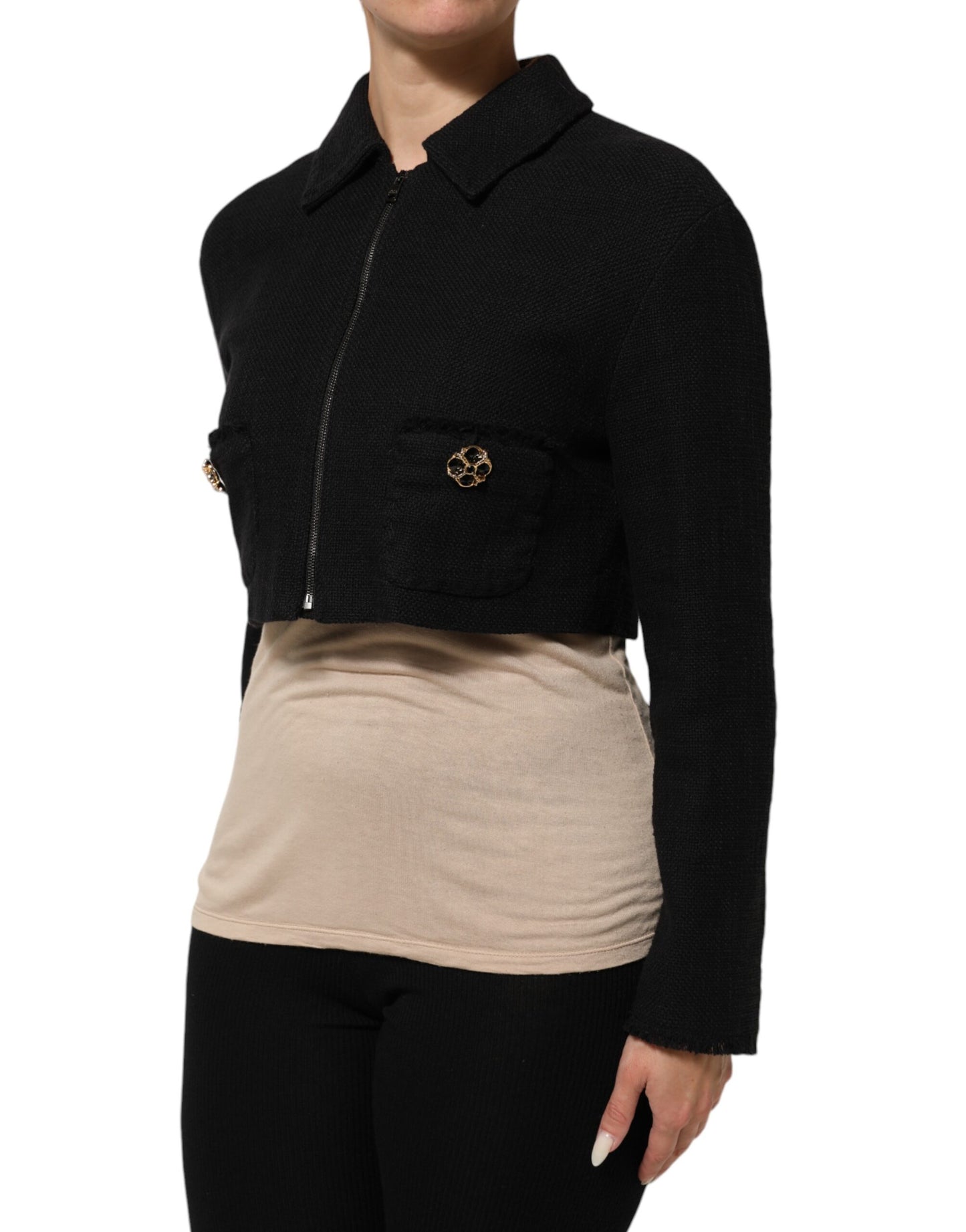 Jachetă scurtă cu fermoar complet din bumbac negru Dolce & Gabbana