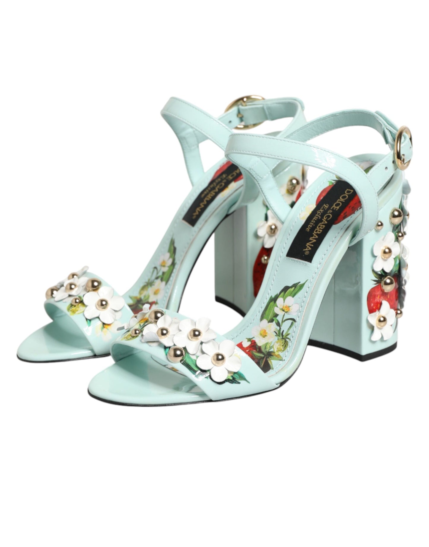 Sandale Dolce & Gabbana cu toc și imprimeu floral verde mentă