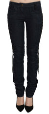 Just Cavalli Blue Low Waist Skinny Trousers Braided String Pants