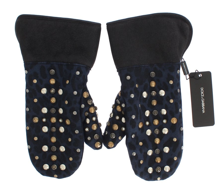 Dolce & Gabbana Chic Gray Wool & Shearling Gloves with Studded Details