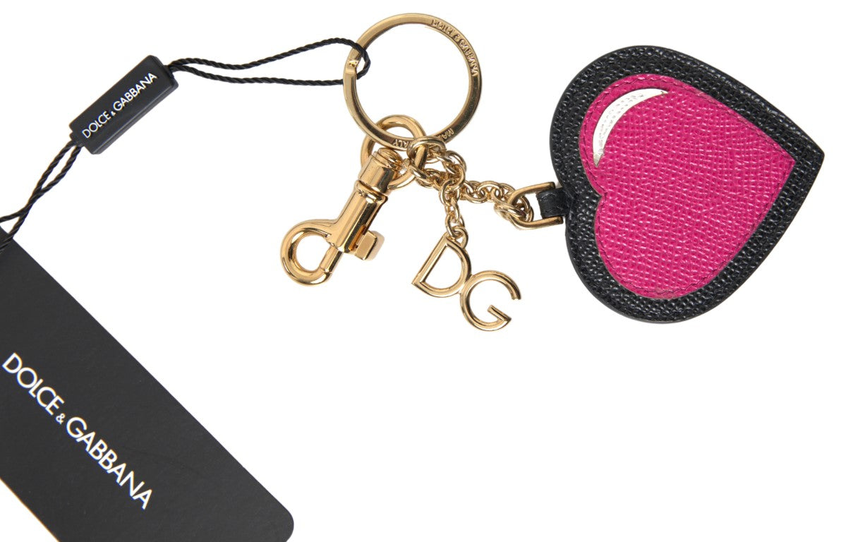 Dolce & Gabbana Elegant Black Leather Keychain with Fuchsia Accent