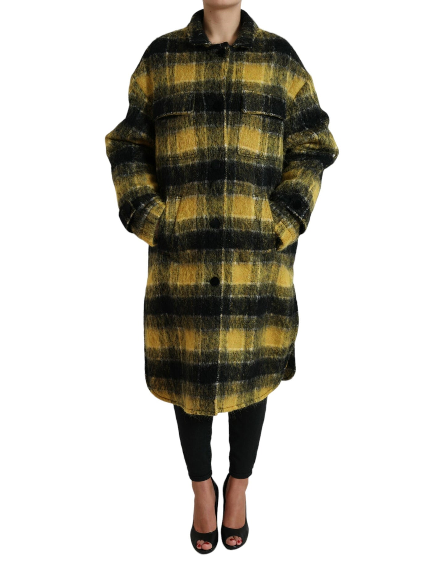 Dolce & Gabbana Chic Plaid Long Coat in Sunshine Yellow