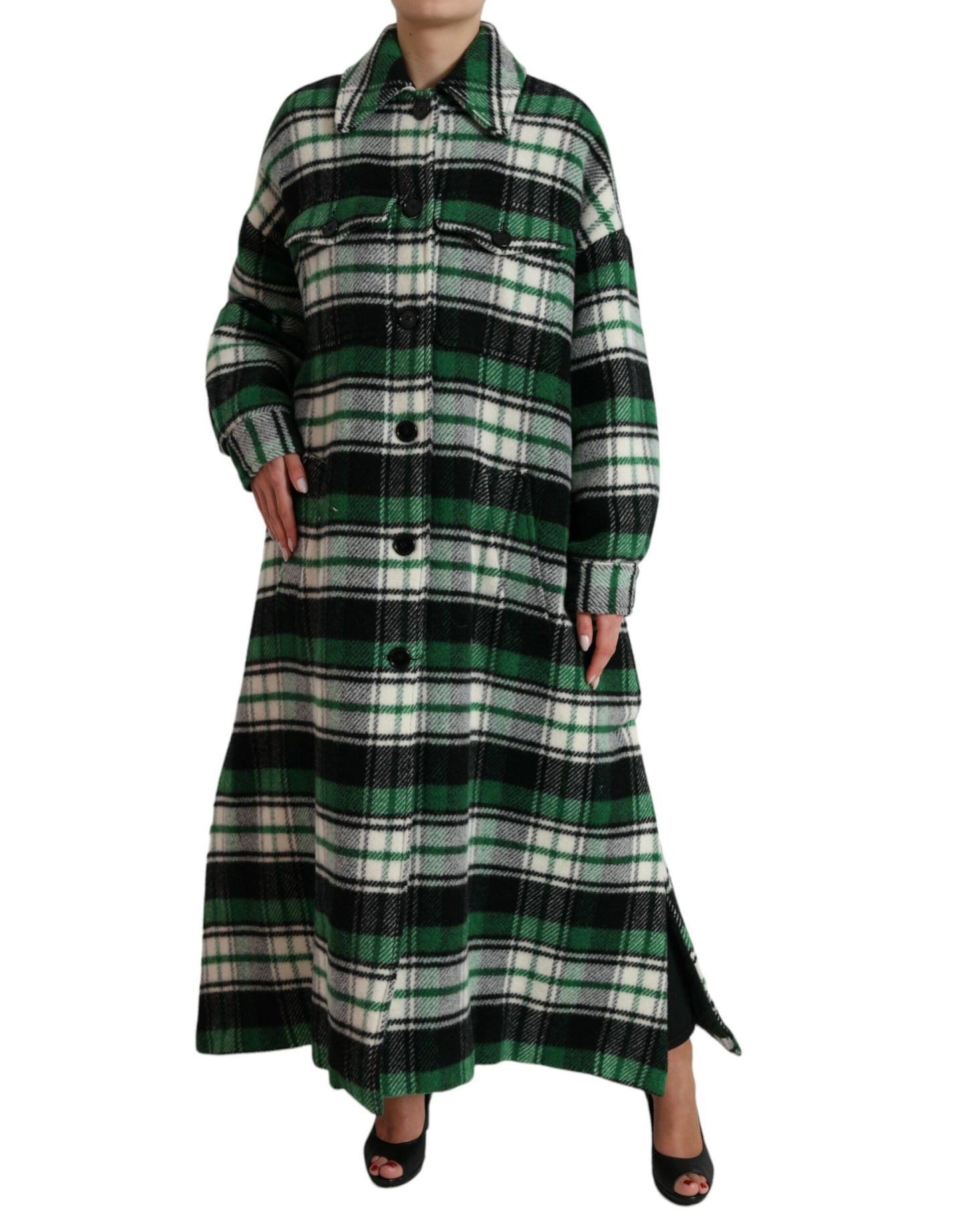 Dolce & Gabbana Elegant Green Plaid Long Coat