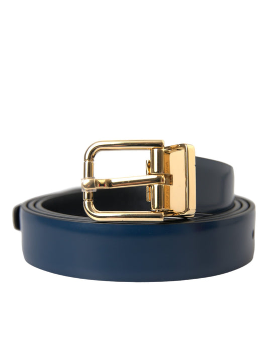 Dolce & Gabbana Blue Calf Leather Gold Metal Buckle Belt Men