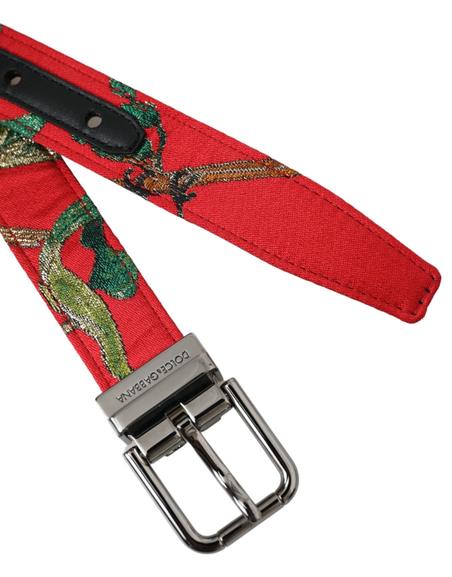 Dolce & Gabbana Red Leather Jacquard Silver Metal Buckle Belt