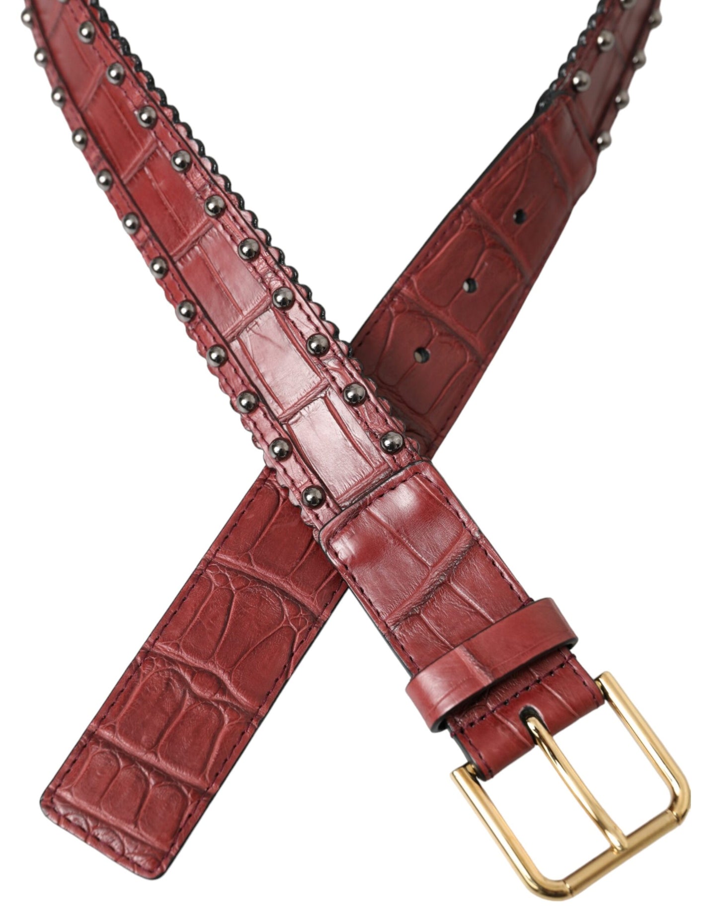 Dolce & Gabbana Brown Alligator Leather Studded Metal Buckle Belt