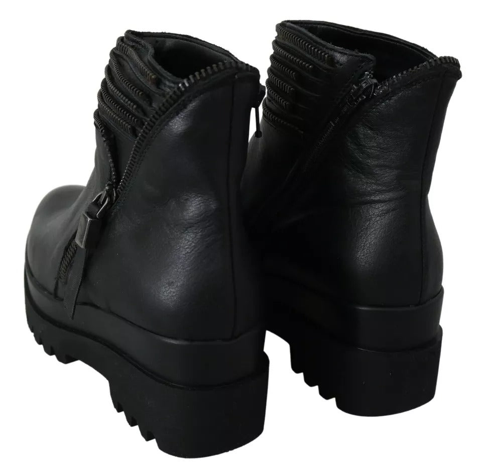 Ovyé Black Leather Zipper Ankle Boots Shoes