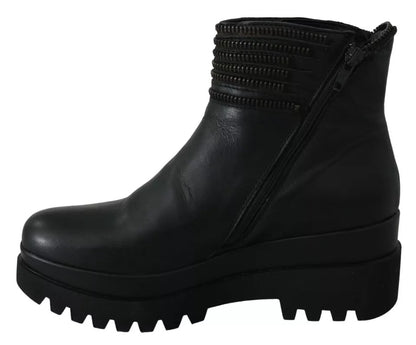 Ovyé Black Leather Zipper Ankle Boots Shoes